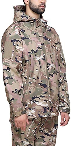 OLOEY Men's Tactical Softshell Fleece Jacket Camouflage Military Hoodie Autumn Winter Outdoor Fleece Jacket Waterproof Windproof Warm Hooded Hiking Ski Jacket Hunting Coat (CP,2XL)