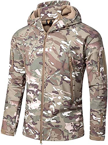 OLOEY Men's Tactical Softshell Fleece Jacket Camouflage Military Hoodie Autumn Winter Outdoor Fleece Jacket Waterproof Windproof Warm Hooded Hiking Ski Jacket Hunting Coat (CP,2XL)