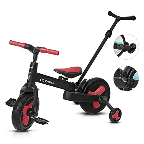 OLYSPM 5 en 1 Triciclo Bebé Plegables Bicicleta sin Pedales para 1-6 Años Niños,Triciclo para Bebes con Pedales Desmontables y Ruedas Auxiliares,Triciclo Evolutivo(Rojo)