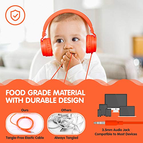 ONTA® Auriculares para Niños,Plegable Cómodos Auriculares Niños con Seguro Material,Auriculares Infantiles con Ligera Diadema,Estéreo Cerrados Cascos para Niños -Naranja