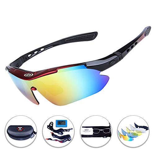 OPEL-R Gafas Ciclismo Motocross Anti-UV400 Gafas De Sol Polarizadas 5 Lentes para MTB Correr, Pescar, Conducir, Deportes Al Aire Libre (REDBLACK)