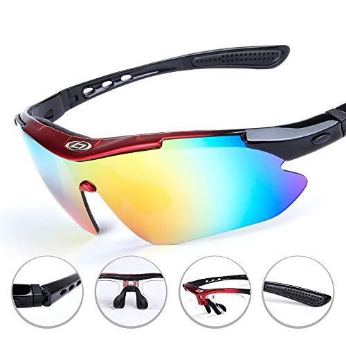 OPEL-R Gafas Ciclismo Motocross Anti-UV400 Gafas De Sol Polarizadas 5 Lentes para MTB Correr, Pescar, Conducir, Deportes Al Aire Libre (REDBLACK)