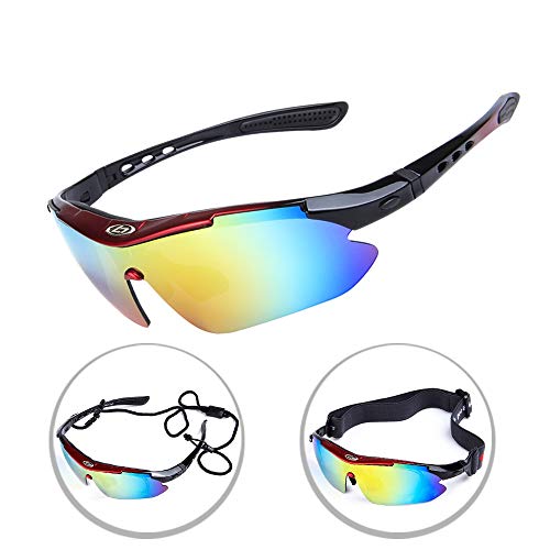 OPEL-R Gafas Ciclismo Motocross Anti-UV400 Gafas De Sol Polarizadas 5 Lentes para MTB Correr, Pescar, Conducir, Deportes Al Aire Libre (REDBLACK)