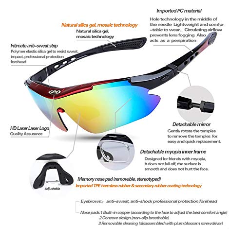 OPEL-R Gafas Ciclismo Motocross Anti-UV400 Gafas De Sol Polarizadas 5 Lentes para MTB Correr, Pescar, Conducir, Deportes Al Aire Libre (REDBLACK)