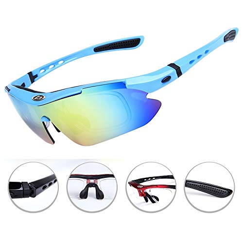 OPEL-R Gafas Ciclismo Motocross Anti-UV400 Gafas De Sol Polarizadas 5 Lentes para MTB Correr, Pescar, Conducir, Deportes Al Aire Libre,Fluorescent Blue