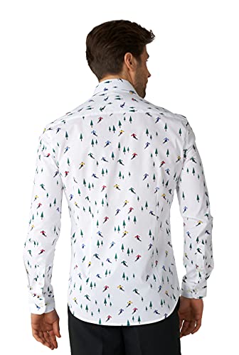 Opposuits Camisa de Navidad ajustada con botones de manga larga para hombres en diferentes estampados, Winter Sprinter Blanco, Large