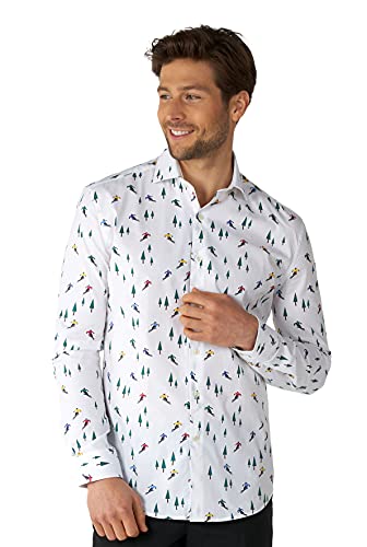 Opposuits Camisa de Navidad ajustada con botones de manga larga para hombres en diferentes estampados, Winter Sprinter Blanco, Large