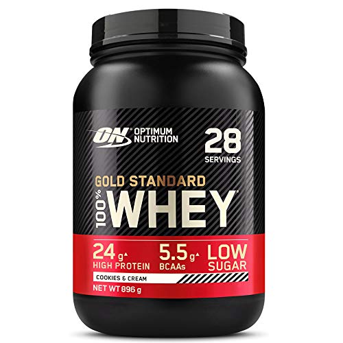 Optimum Nutrition Gold Standard 100% Whey Proteína en Polvo, Glutamina y Aminoácidos Naturales, BCAA, Galletas y Crema, 28 Porciones, 896g, Embalaje Puede Variar