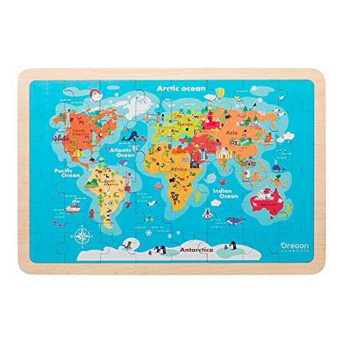 Oregon Scientific-SK301R SmartKids Magic Jigsaw - Puzzle de Doble Mapa del Mundo con Dibujos Animados y política, Color marrón Oscuro (SK301R)