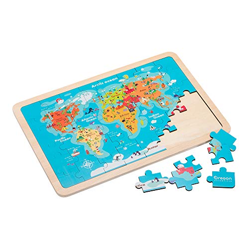 Oregon Scientific-SK301R SmartKids Magic Jigsaw - Puzzle de Doble Mapa del Mundo con Dibujos Animados y política, Color marrón Oscuro (SK301R)