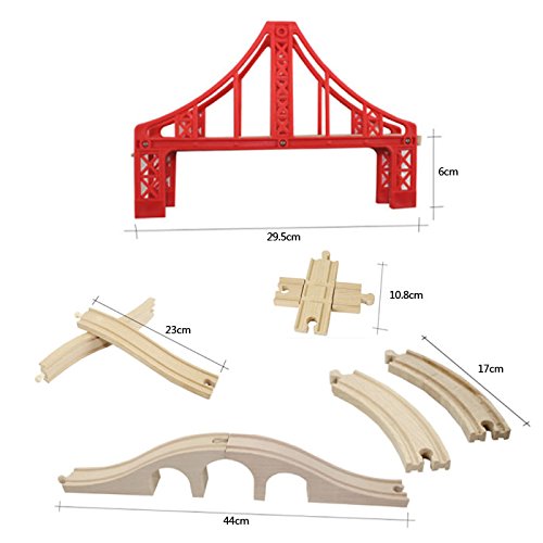 OrgMemory Juego de ferrocarril, puente colgante, tren de madera, puente ferroviario, cruzado, parada y deslizadores curvados, compatible con otras marcas.
