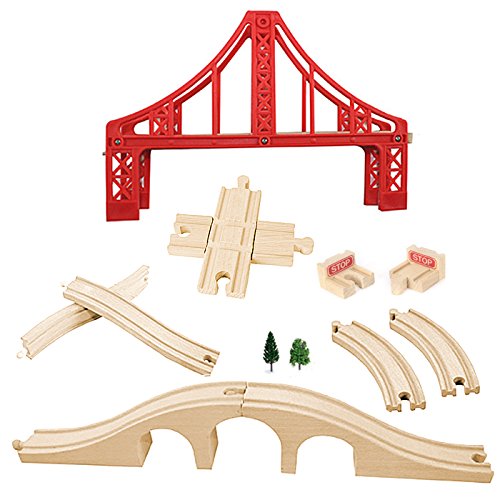 OrgMemory Juego de ferrocarril, puente colgante, tren de madera, puente ferroviario, cruzado, parada y deslizadores curvados, compatible con otras marcas.