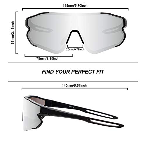 OULIQI Gafas de Ciclismo Polarizadas Gafas de Sol Deportivas con Montura TR90 Gafas de Bicicleta Para Hombres Mujeres con 3 Lentes (Negro / Plata)