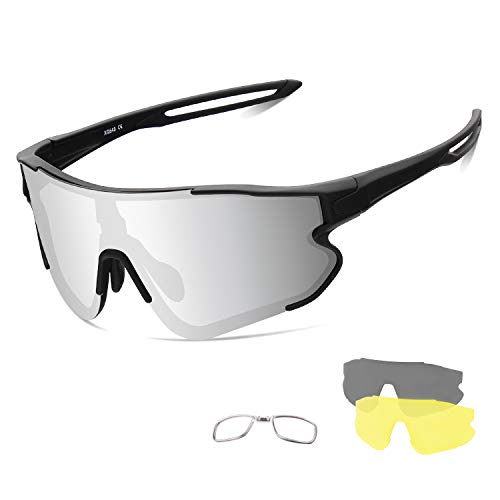 OULIQI Gafas de Ciclismo Polarizadas Gafas de Sol Deportivas con Montura TR90 Gafas de Bicicleta Para Hombres Mujeres con 3 Lentes (Negro / Plata)