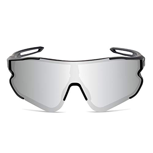 OULIQI Gafas de Ciclismo Polarizadas Gafas de Sol Deportivas con Montura TR90 Gafas de Bicicleta Para Hombres Mujeres con 3 Lentes (Negro / Plata)