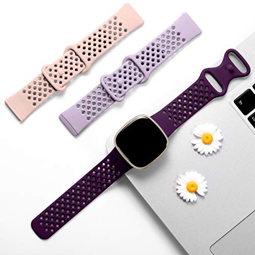 Ouwegaga Correa Compatible con Fitbit Versa 3 Correa/Fitbit Sense Correa, Correa Deportiva de Silicona Pulsera de Repuesto Compatible con Fitbit Versa 3/Sense, Pequeño Rosa/Lavanda/Ciruela