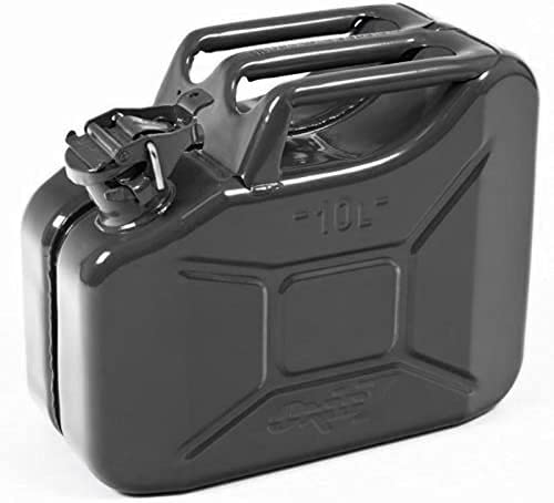 OXID7® Bidón de Combustible Homologado de 10 litros - Garrafa de Gasolina y Diésel en Metal con Aprobación de la Onu - Ideal para Viajes Largos; Uso de Cortacésped o Motosierra - Negro