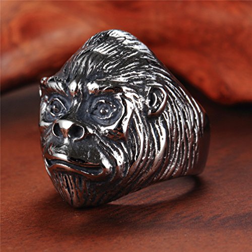 PAMTIER Hombre Acero Inoxidable Vendimia Hombre Mono Cabeza Anillo Plata Negro Animal Chimp Banda Tamaño 29