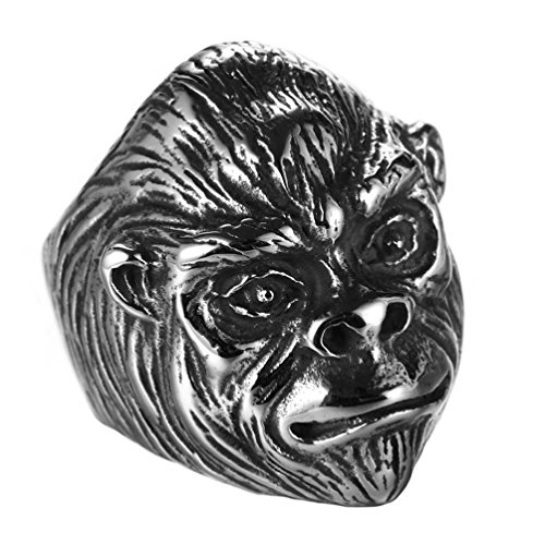 PAMTIER Hombre Acero Inoxidable Vendimia Hombre Mono Cabeza Anillo Plata Negro Animal Chimp Banda Tamaño 29