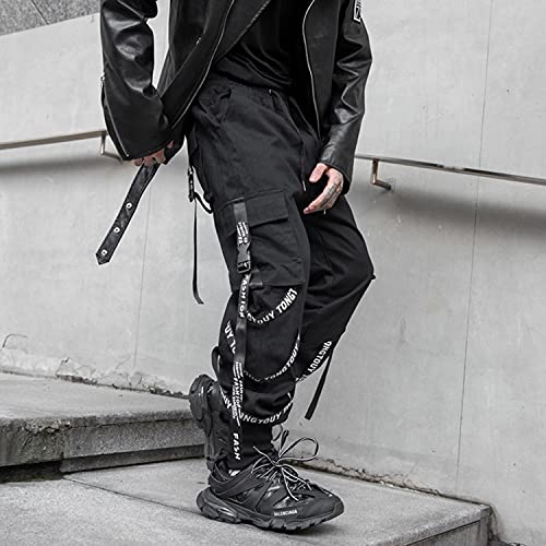 Pantalones deportivos Punk Cargo Baggy Techwear Hip Hop Harem Streetwear tácticos para hombre, Negro-15, Large
