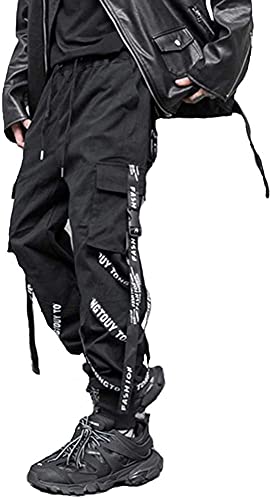 Pantalones deportivos Punk Cargo Baggy Techwear Hip Hop Harem Streetwear tácticos para hombre, Negro-15, Large