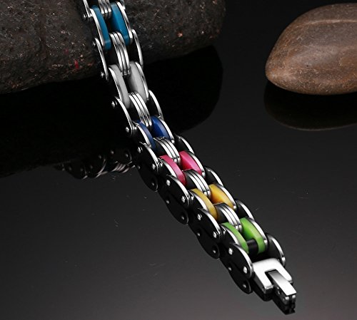 Para hombre acero inoxidable Rainbow silicona Biker Pulsera, alto pulido Cadena de bicicleta, 8,5 "