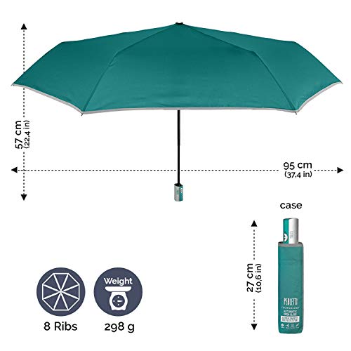 Paraguas Hombre Mujer Plegable Alta Visibilidad - Sombrilla Apertura y Cierre Automático Extra Plano - Paraguas Resistente Antiviento Reflectante - Diámetro 95 cm - Perletti Technology (Plano Verde)