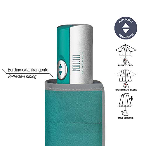 Paraguas Hombre Mujer Plegable Alta Visibilidad - Sombrilla Apertura y Cierre Automático Extra Plano - Paraguas Resistente Antiviento Reflectante - Diámetro 95 cm - Perletti Technology (Plano Verde)