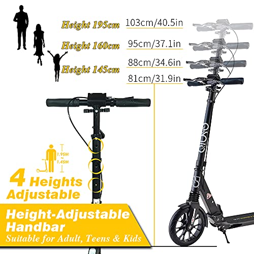 Patinete para Adulto Plegable con Freno Manillar, Ajustable Elevado Adecuado para Distinta Edad, Máxima Carga 100 KG (Negro)