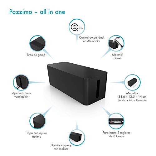 PAZZiMO Caja organizadora cables grande y negra, pasacables protector y  seguro, recoge cables de forma inteligente