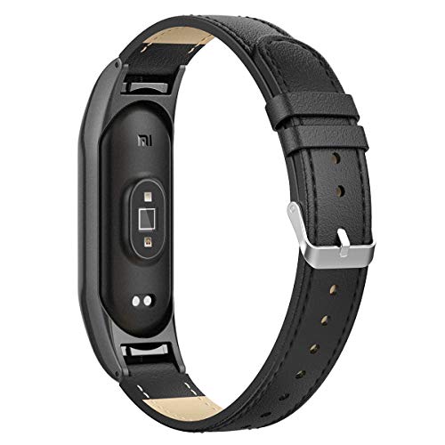 Peakally Correa Mi Band 6 & Mi Band 5, Pulsera Mi Band 5 y Mi Band 6 de Piel Reemplazos Ajustable Repuesto Correas Banda Cuero para Xiaomi Band 6 / Mi Band 5 - Muñeca de 6.5”-8.3”,Negro