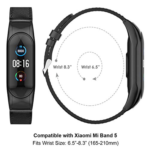 Peakally Correa Mi Band 6 & Mi Band 5, Pulsera Mi Band 5 y Mi Band 6 de Piel Reemplazos Ajustable Repuesto Correas Banda Cuero para Xiaomi Band 6 / Mi Band 5 - Muñeca de 6.5”-8.3”,Negro