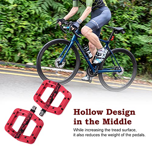 Pedales de Nailon para Bicicleta de montaña, Superficie anodizada, Pedales con Pasador Antideslizante de Acero Inoxidable y Tapas de Sellado de aleación de Aluminio (Red)