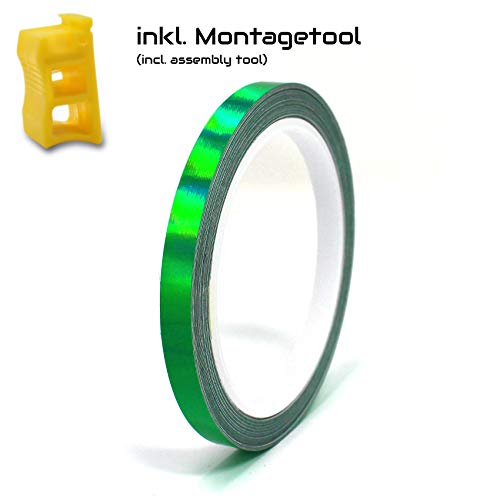 Pegatina para llanta borda ancho 7mm cromo holograma tira decorativa con herramienta de montaje 16" 17" 18" 19" para motocicleta, coche, bicicleta (verde holograma)