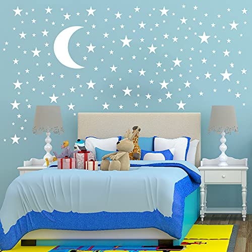 Pegatinas de pared para guardería, luna y estrellas, pegatinas de pared con estrellas blancas, papel pintado y luna removibles para decoración de pared
