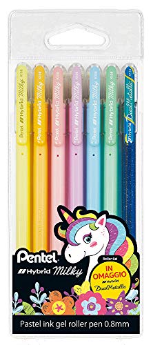 Pentel K108P Hybrid Milky tinta pastel bolsillo colores sets 6pcs + 1 Hybrid Dual Metallic K110 de regalo