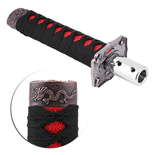 Perilla de cambio de espada japonesa universal, acero al carbono Cool Katana Car Gear Shift con 4 adaptadores, para transmisión automática de bloqueo/botón (negro + rojo)