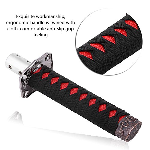 Perilla de cambio de espada japonesa universal, acero al carbono Cool Katana Car Gear Shift con 4 adaptadores, para transmisión automática de bloqueo/botón (negro + rojo)