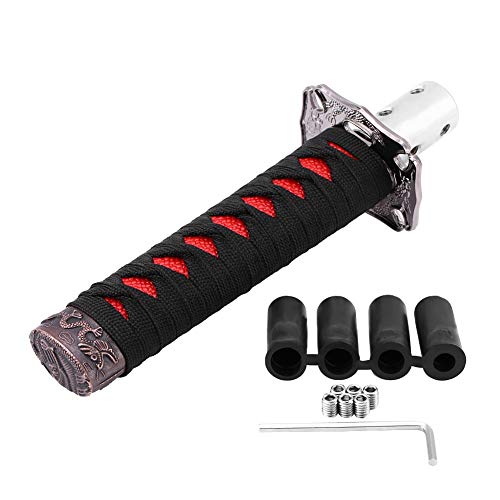 Perilla de cambio de espada japonesa universal, acero al carbono Cool Katana Car Gear Shift con 4 adaptadores, para transmisión automática de bloqueo/botón (negro + rojo)