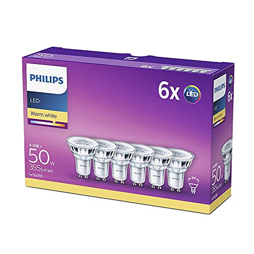 Philips - Bombilla LED cristal 50W, GU10, luz blanca cálida, transparente, no regulable, pack 6