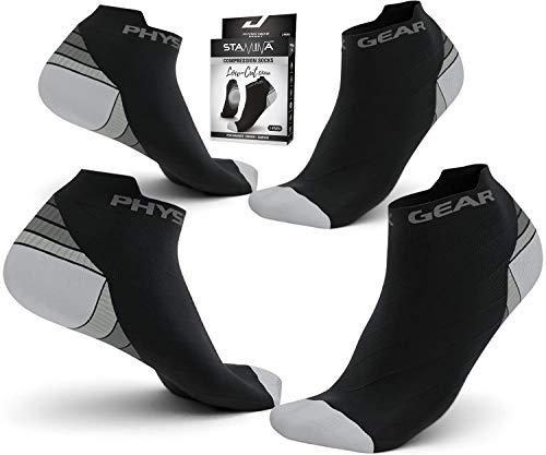 Physix Gear Sport Calcetines running hombres y mujeres, los mejores calcetines de compresión, calcetines tobilleros para la fascitis plantar hombre y mujer, 2 pares, L/XL gris/negro