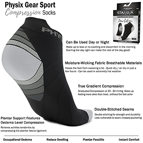 Physix Gear Sport Calcetines running hombres y mujeres, los mejores calcetines de compresión, calcetines tobilleros para la fascitis plantar hombre y mujer, 2 pares, L/XL gris/negro