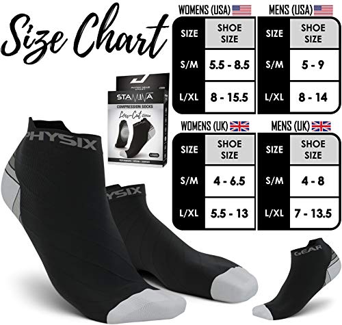 Physix Gear Sport Calcetines running hombres y mujeres, los mejores calcetines de compresión, calcetines tobilleros para la fascitis plantar hombre y mujer, 2 pares, L/XL gris/negro