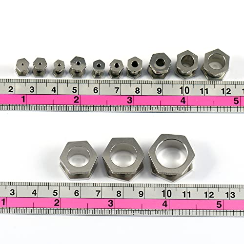 Piercing de acero quirúrgico 316L hexagonal de 14 mm, calibre de ajuste de rosca, para túnel, piercing de oreja