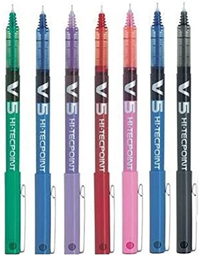 Pilot Pack de 7 Bolígrafos BX V5 Varios Colores - Bolígrafo Extra Fino Hi-Tecpoint con Punta 0.5mm Anchura Línea 0.3mm (1x Cada Color: Negro Rojo Azul Verde Violeta Rosa Claro)