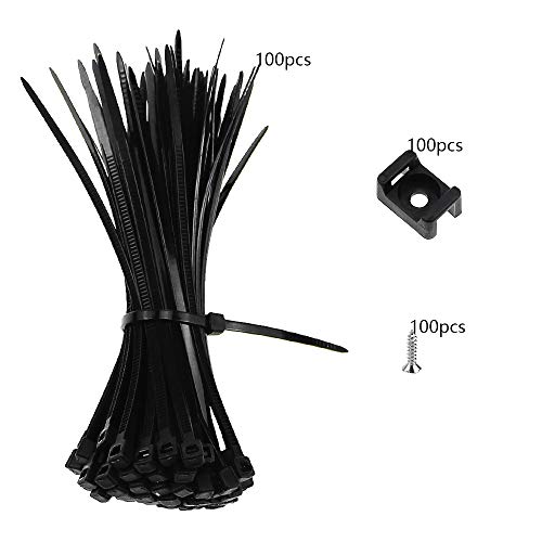 PLCatis - Bridas para Cable Plástico 100 Piezas Soporte para Bridas Autoadhesivas de Nailon Negro Bridas para Organizar Cables con Tornillos y 100 Abrazaderas