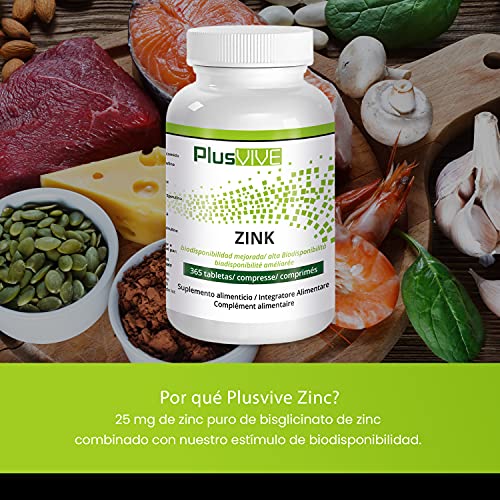 Plusvive - 365 comprimidos de zinc con matriz de biodisponibilidad (25 mg)