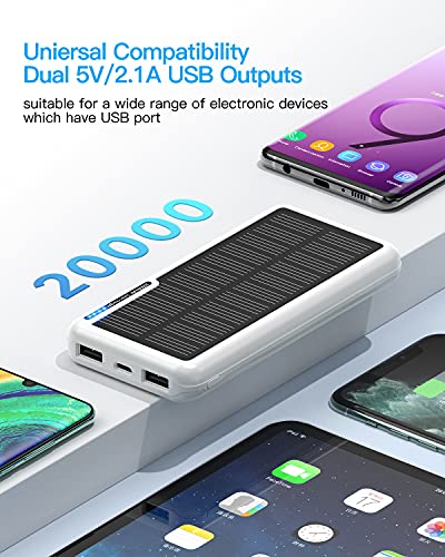 Powerbank Solar 20000mAh, Batería Externa Solar con 2 Salidas USB y Entrada USB-C Micro USB, para Camping, batería Externa para iPhone, Samsung, Huawei, tabletas, Smartphones