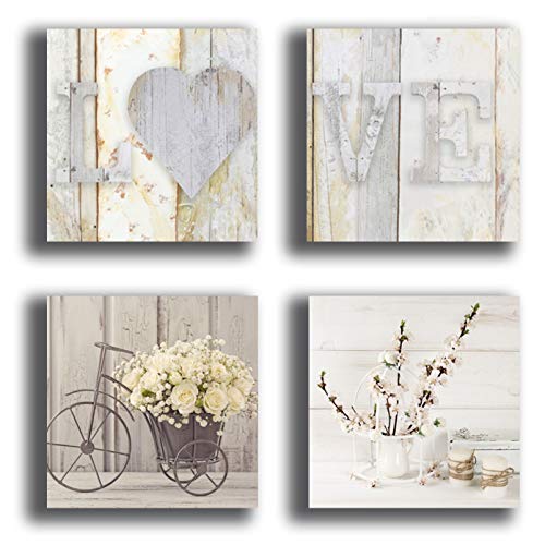 Printerland Shabby Chic - Cuadros de pared para dormitorio vintage, bicicleta con flores, 4 piezas, 30 x 30 cm, XXL, impresión de lienzo cuadro, decoración para salón, dormitorio, cocina, oficina