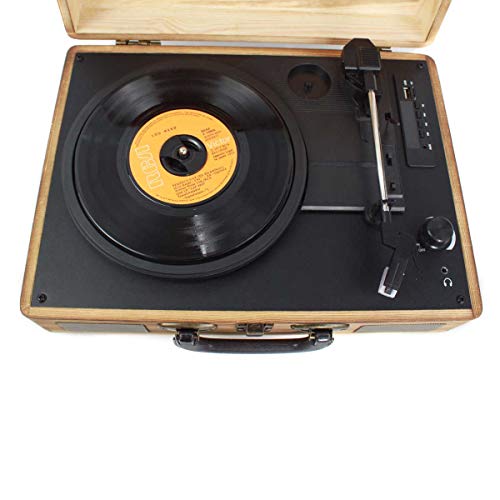 PRIXTON VC400 - Tocadiscos de Vinilo Vintage, Reproductor de Vinilo y Reproductor de Musica Mediante Bluetooth y USB, 2 Altavoces Incorporados, Diseño de Maleta, Color Madera